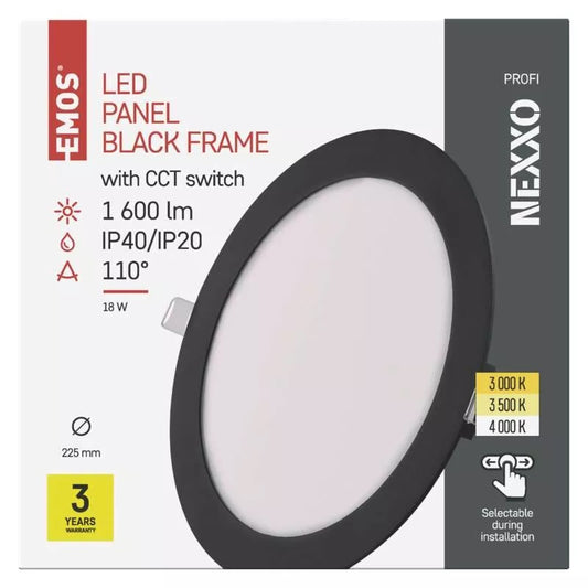 LED-paneeli NEXXO 18W 1600lm – Musta, Ø225mm, IP20, 3000/3500/4000K